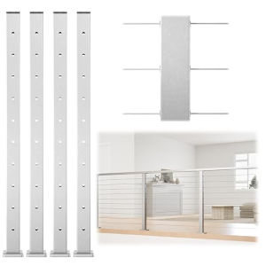 Muzata 4Pack Cable Railing Post 36 Inch 36"x2"x2" Level Drilled Surface Mount Brushed T304 Stainless Steel Cable Railing System Kit Indoor Outdoor with Paper User Guide PS02 LH4S