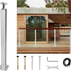 35.8" Glass Railing End Post with Top Adjustable Bracket for Handrails,304 Stainless Steel Glass Balustrade Post with Spigot Slots for Railing of Deck,Balcony,Attic,Staircase (Silver)