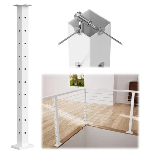 Muzata Corner Cable Railing Post 36 Inch 36"x2"x2" T-drilled One-Post Corner Solution Surface Mount White Stainless Steel Cable Railing System Kit Indoor Outdoor with Paper User Guide PS02 W34S
